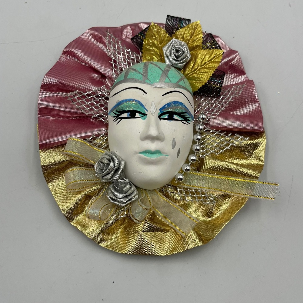 Vintage Ceramic Harlequin Jester Mask‎ Wall Decor Pink Gold Metallic Ruffle 6in